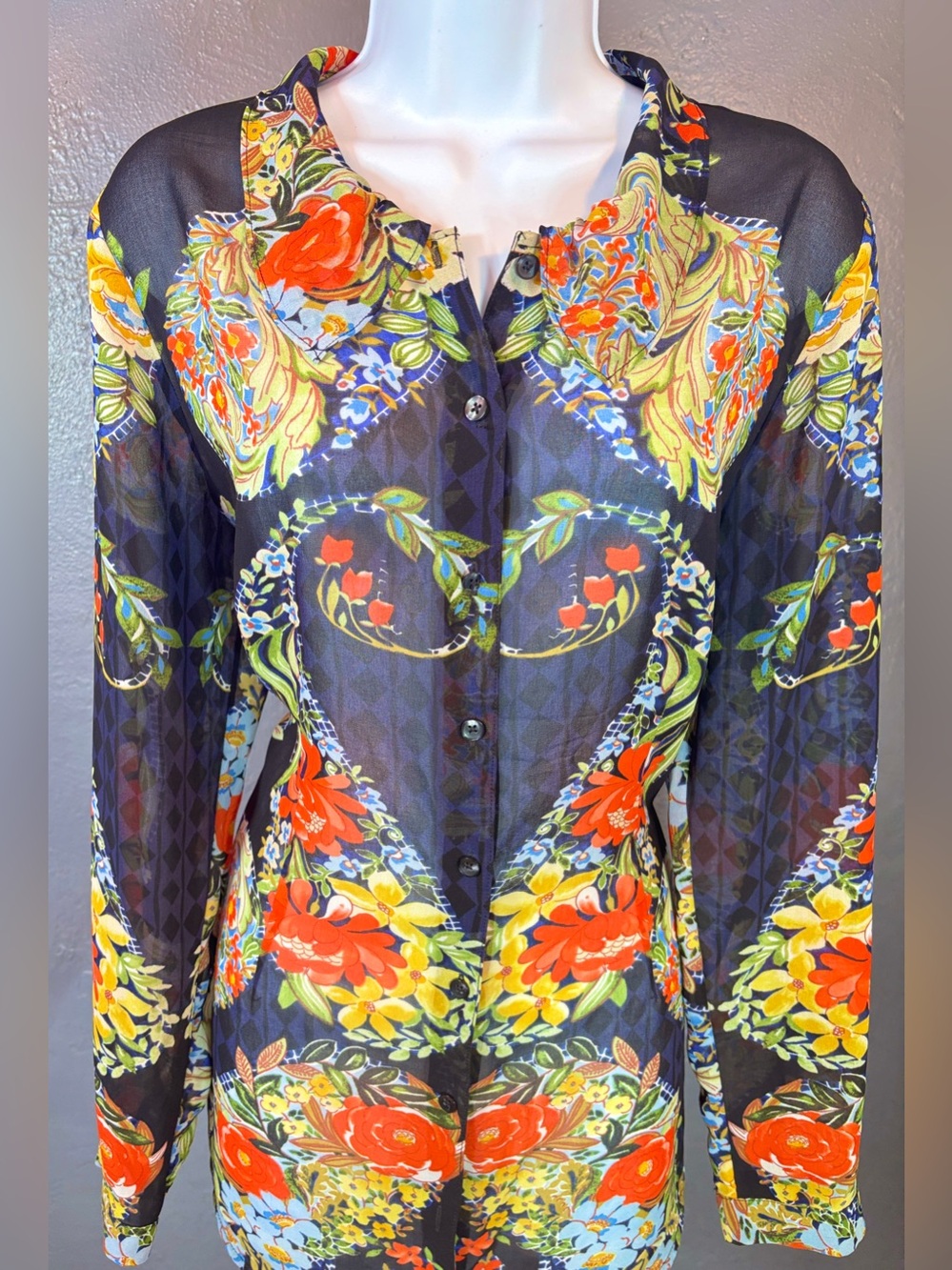 CAbi "Amour" Sheer Floral Button-Up Blouse Size Large - Picture 6 of 14